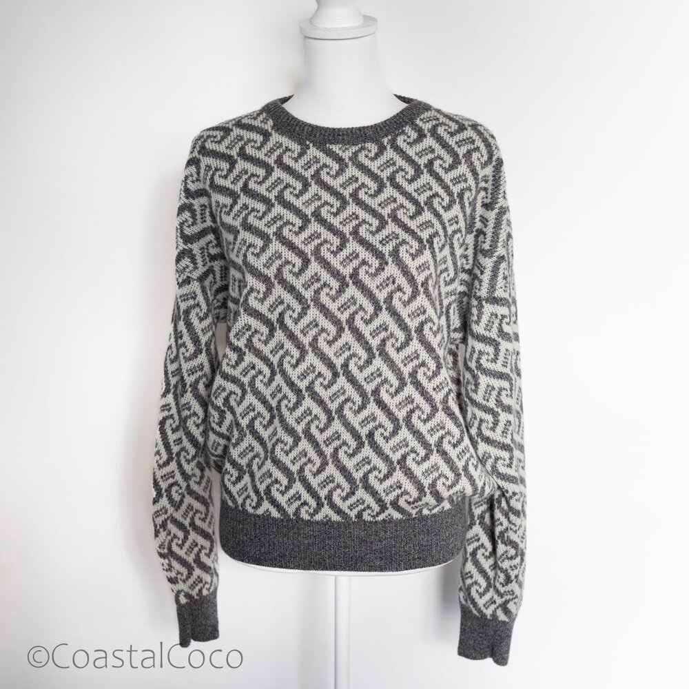London Fog Vintage Geometric Knit Sweater L Unisex USA Wool Cabin Scandi Preppy